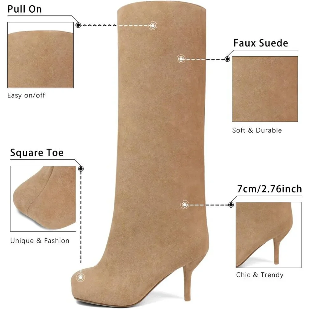 Women's Beige Wide Calf Square Toe Stiletto Heels Knee High Suede Boots